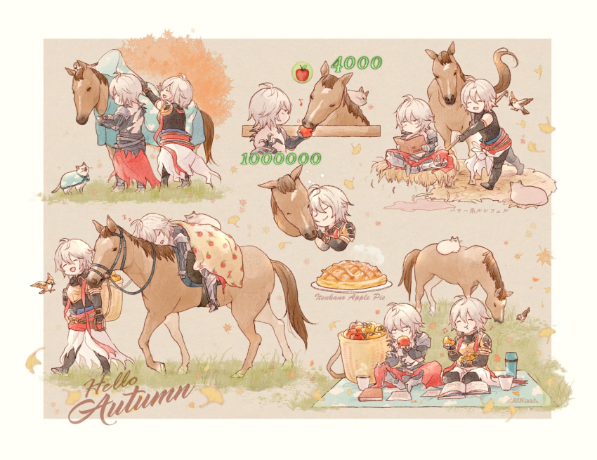 2boys, apple, apple_pie, apple_print, armor, autumn, autumn_leaves, basket