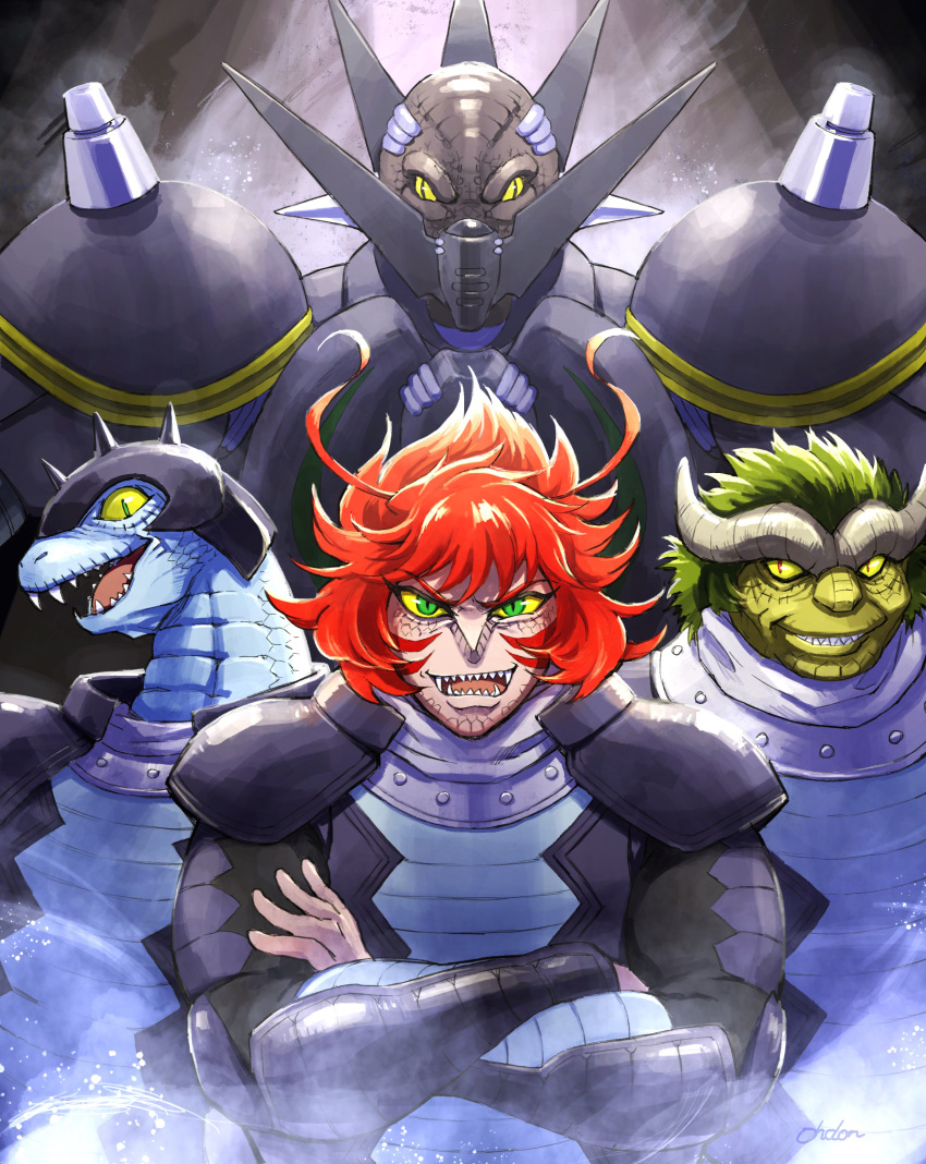3boys, absurdres, character_name, colored_sclera, crossed_arms, dinosaur_boy, fangs, furry, getter_robo, getter_robo_arc, gettersaurus, green_eyes, green_hair, helmet, highres, horns, male_focus, mecha, multiple_boys, ohdon, open_mouth, pilot_suit, redhead, sharp_teeth, smile, spikes, super_robot, teeth, yellow_eyes, yellow_sclera