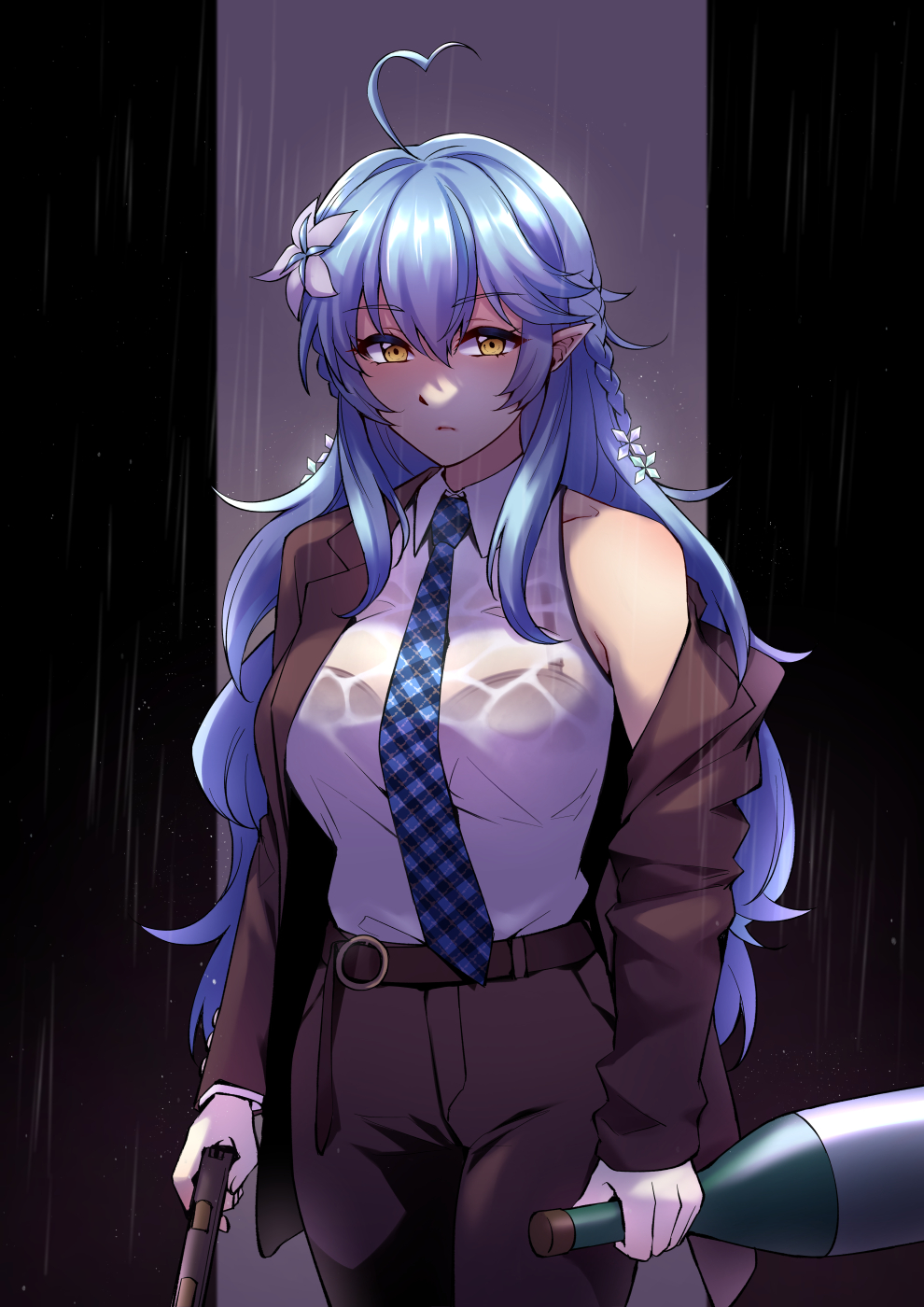 1girl, ahoge, bangs, belt, black_bra, blue_hair, blue_neckwear, bottle