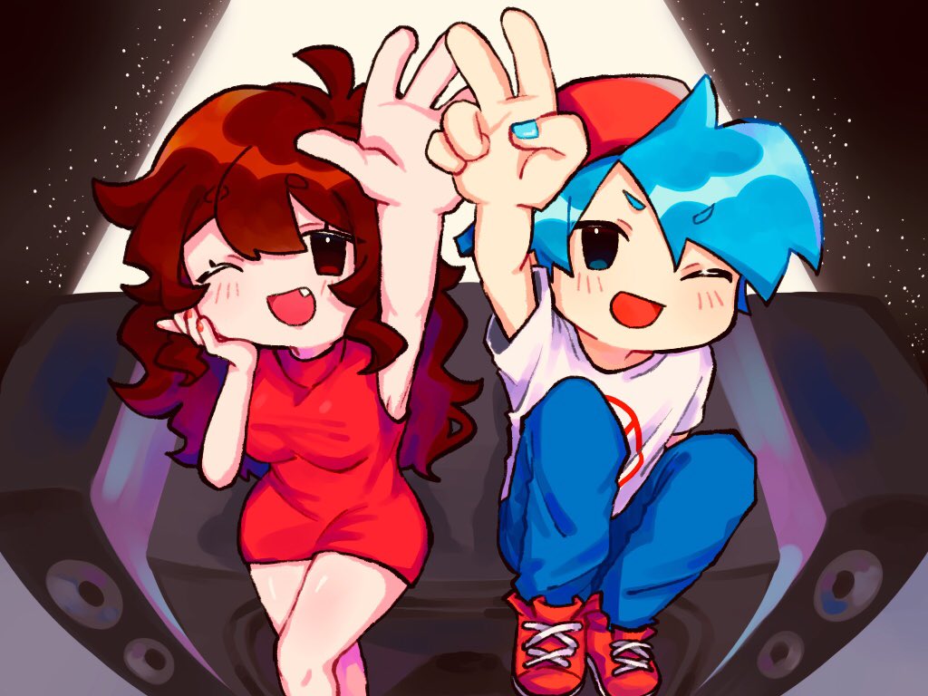 1boy, 1girl, a_tang_yaaa, boyfriend_(friday_night_funkin'), breasts, friday_night_funkin', girlfriend_(friday_night_funkin'), red_dress