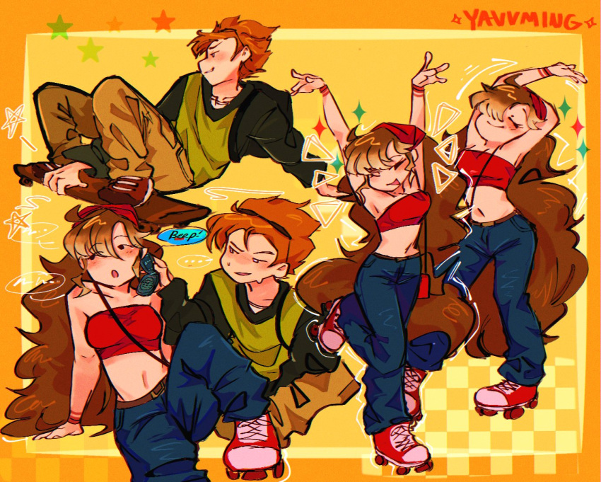 1boy, 1girl, alternate_costume, english_text, friday_night_funkin', girlfriend_(friday_night_funkin'), pants, pico_(pico's_school)