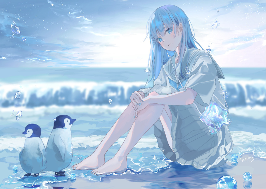 1girl, air_bubble, baby_penguin, bag, barefoot, blue_eyes, blue_hair, blue_nails, blue_neckwear, blue_theme, bubble, from_side, highres, horizon, knees_up, long_hair, looking_at_viewer, nail_polish, neckerchief, ocean, original, penguin_chick, pleated_skirt, sailor_collar, school_uniform, serafuku, shirt, short_sleeves, shoulder_bag, signature, sitting, skirt, sky, solo, sutera_sea, toenail_polish, toenails, water, white_shirt