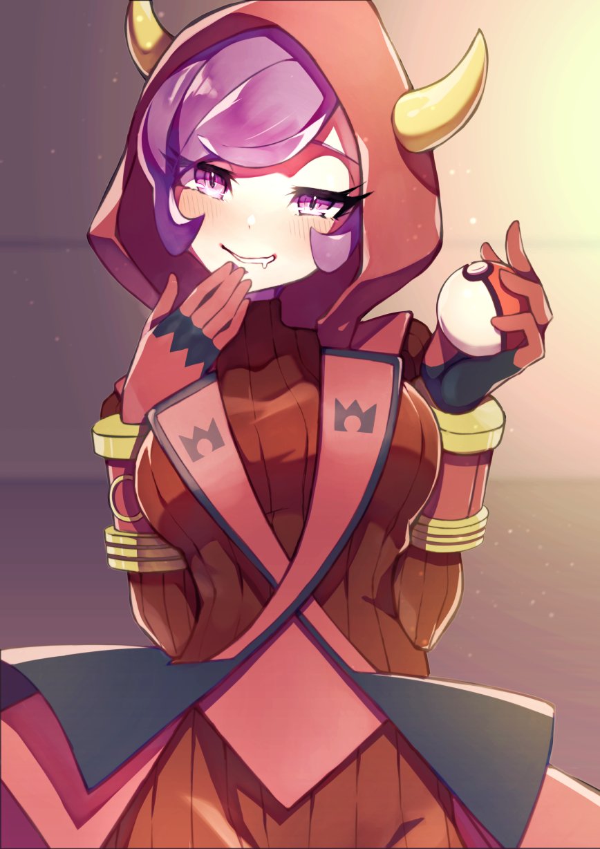 1girl, blush, breasts, courtney_(pokemon), cowboy_shot, drooling, fake_horns, gloves