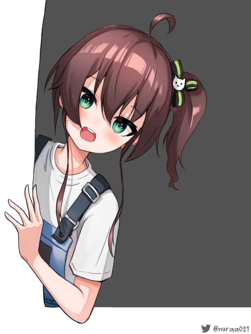 1girl, :d, ahoge, bangs, black_ribbon, blush, brown_hair, cat_hair_ornament