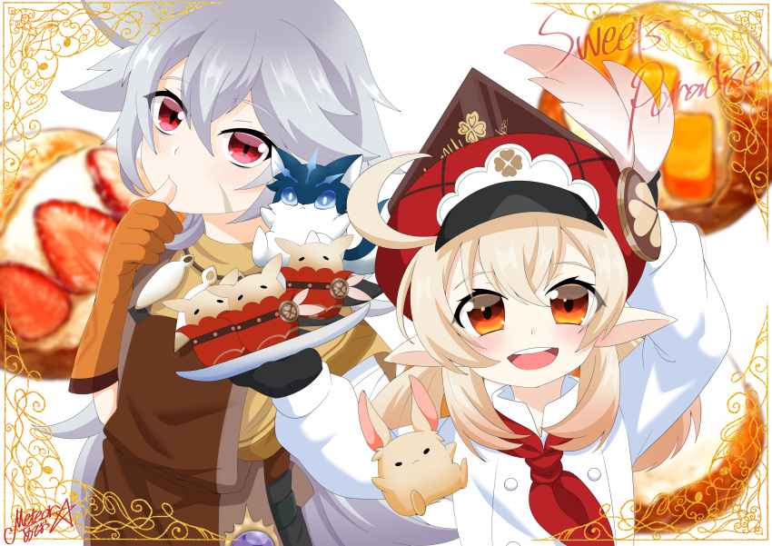 1boy, 1girl, :d, absurdres, adjusting_clothes, adjusting_headwear, ahoge, andrius_(genshin_impact)