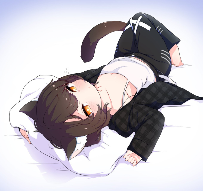 1girl, animal_ear_fluff, animal_ears, bangs, black_pants, cat_ears, cat_girl, cat_tail, collarbone, commission, curled_fingers, done_(donezumi), full_body, highres, jacket, knees_together_feet_apart, loli, long_sleeves, looking_at_viewer, lying, on_back, open_mouth, orange_eyes, original, pants, parted_bangs, pillow, plaid, plaid_jacket, simple_background, skeb_commission, solo, tail, tank_top, white_background, white_tank_top