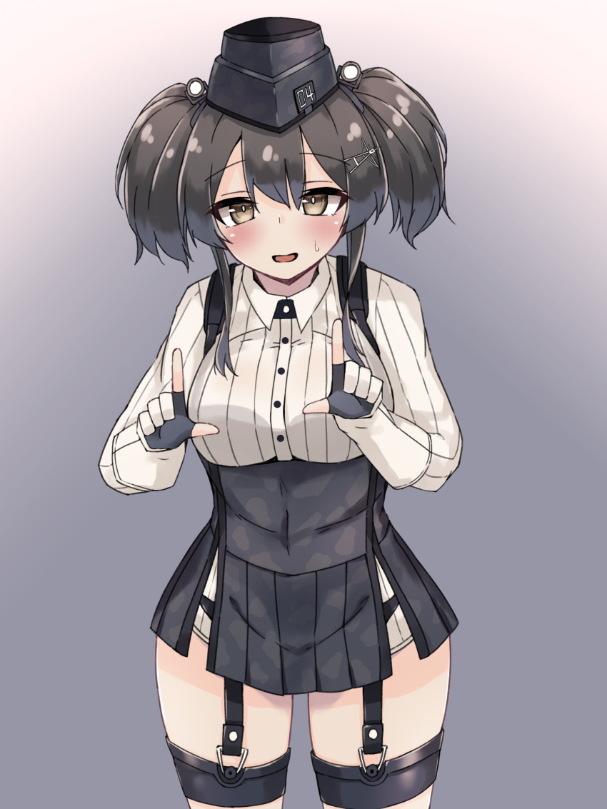 1girl, atlanta_(kancolle), atlanta_(kancolle)_(cosplay), black_hair, black_headwear, black_skirt, blush, breasts