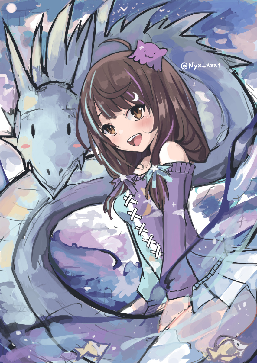 1girl, absurdres, blob, brown_hair, centi_(nimu), deathnyx, dragon, hair_ornament