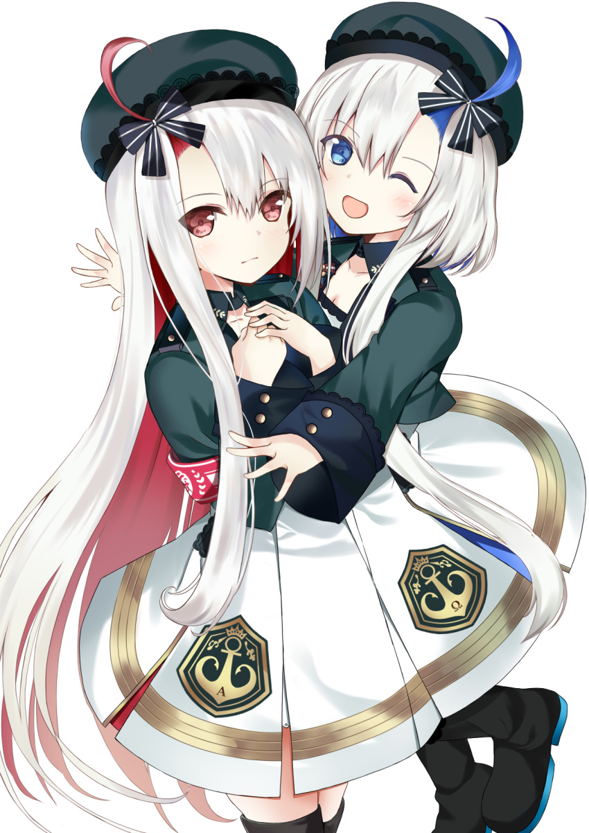 2girls, ahoge, armband, azur_lane, beret, blue_eyes, commentary_request, hat, highres, hug, irohasu_(mmgn7434), libeccio_(azur_lane), long_hair, maestrale_(azur_lane), multicolored_hair, multiple_girls, one_eye_closed, red_eyes, shoes, siblings, silver_hair, simple_background, two-tone_hair, white_background