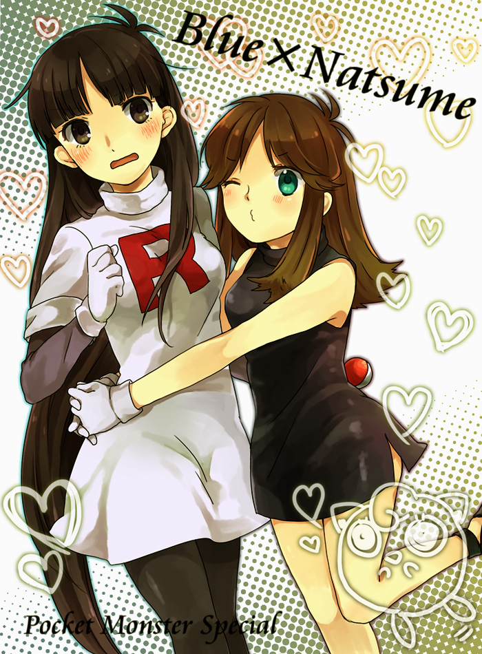 2girls, black_dress, black_hair, blue_(pokemon), blush, brown_eyes, brown_hair, dress