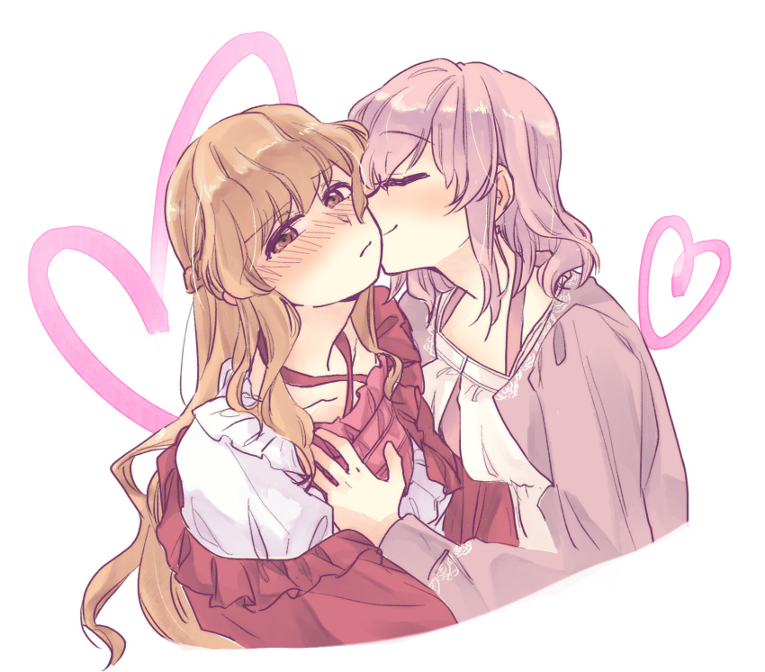 2girls, blonde_hair, blush, character_request, closed_eyes, closed_mouth, eyebrows_visible_through_hair, hakuisei_aijou_isonshou