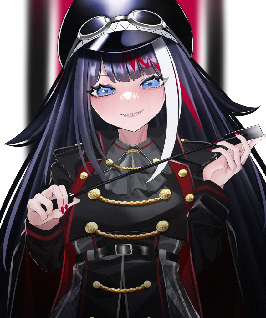 1girl, azur_lane, black_hair, black_headwear, blue_eyes, deutschland_(azur_lane), goggles, goggles_on_headwear