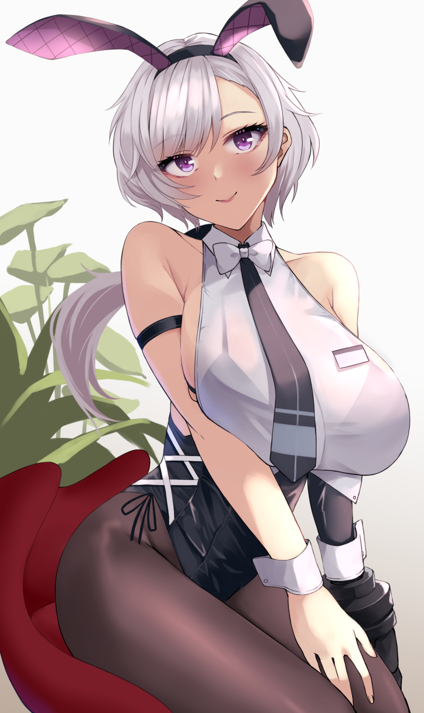 1girl, animal_ears, azur_lane, bare_shoulders, black_legwear, black_neckwear, breasts, closed_mouth