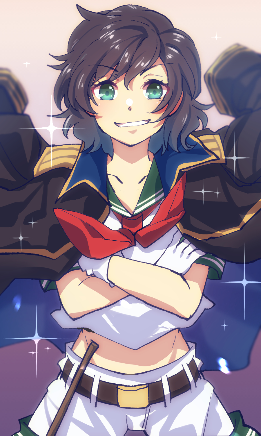 1girl, bangs, belt, black_cape, black_hair, blurry, cape, collarbone