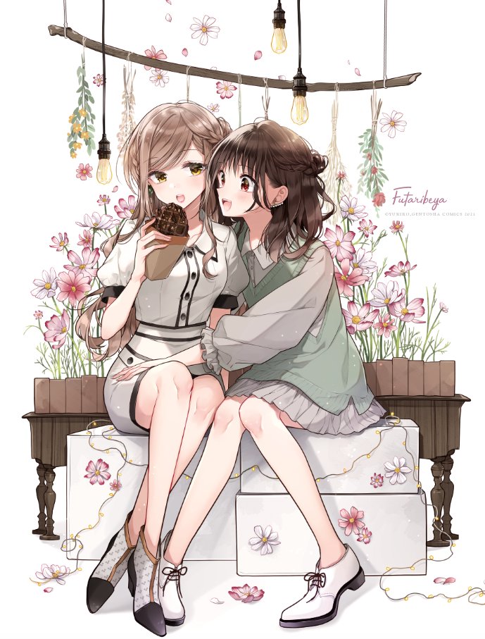 2girls, bangs, bare_legs, brown_hair, couple, dress, flower, food