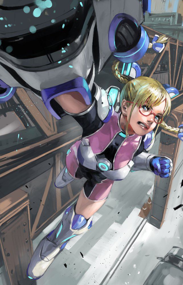 1girl, area_(street_fighter), blonde_hair, boots, braid, fighting_ex_layer, gauntlets, glasses