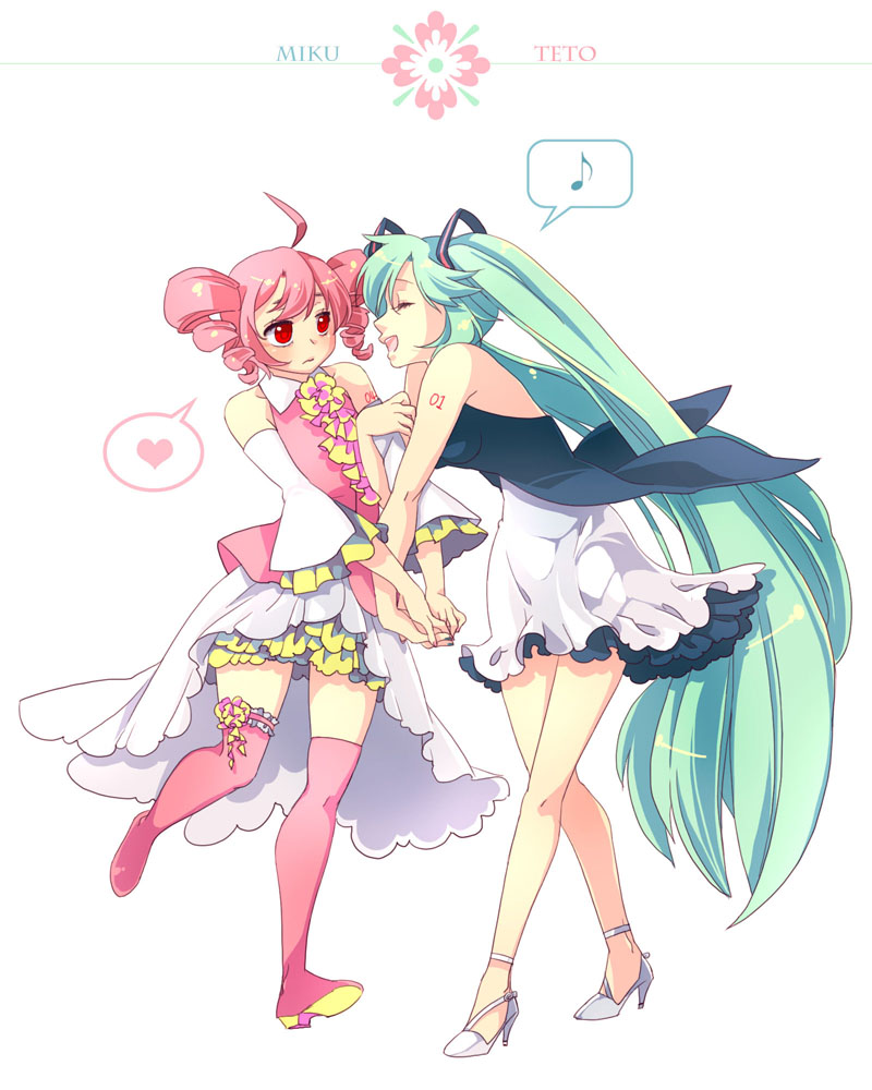 ahoge, aqua_hair, bad_id, detached_sleeves, hatsune_miku, heart, high_heels, kasane_teto