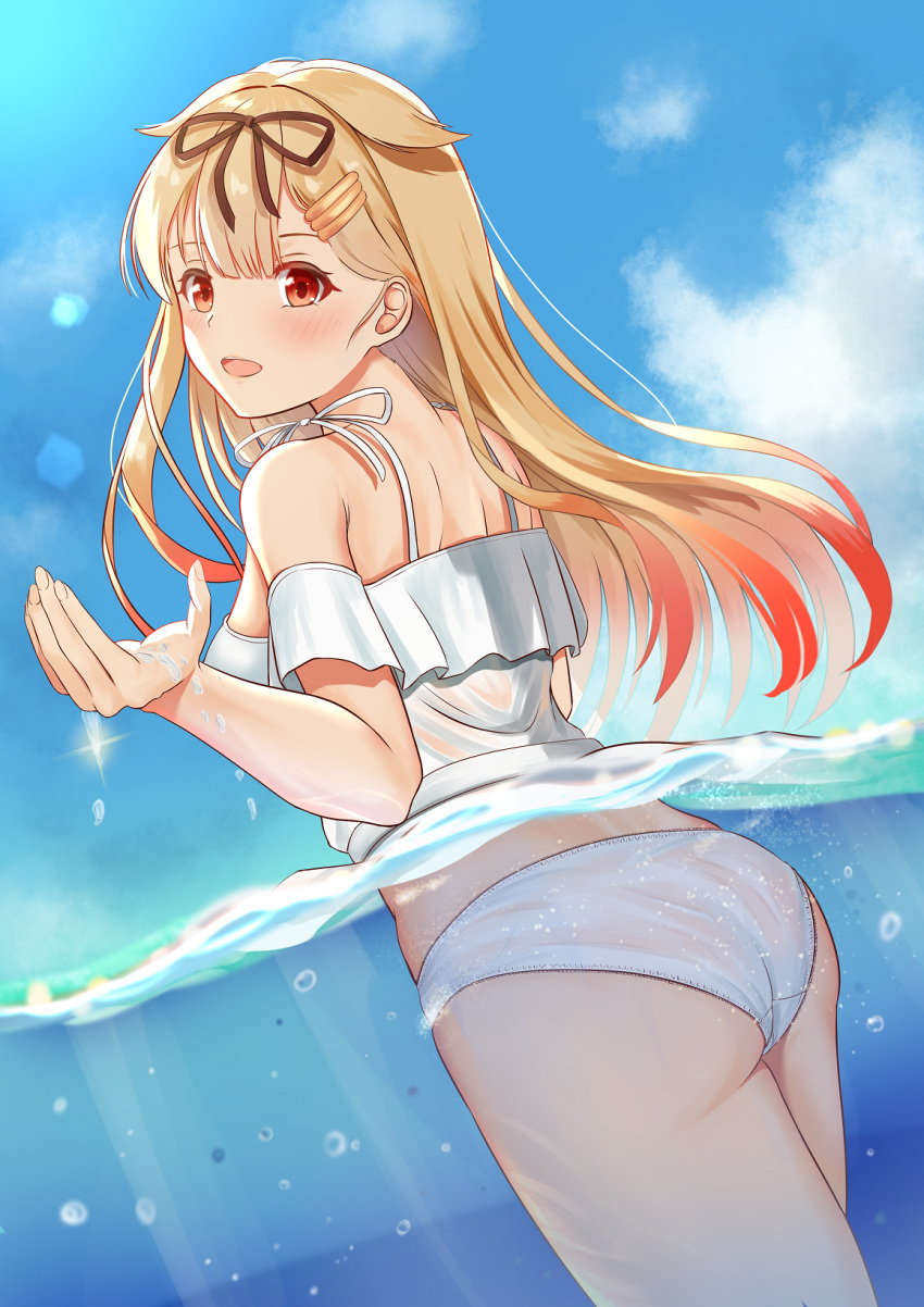 1girl, bare_legs, bare_shoulders, bikini, black_ribbon, blonde_hair, blush, day