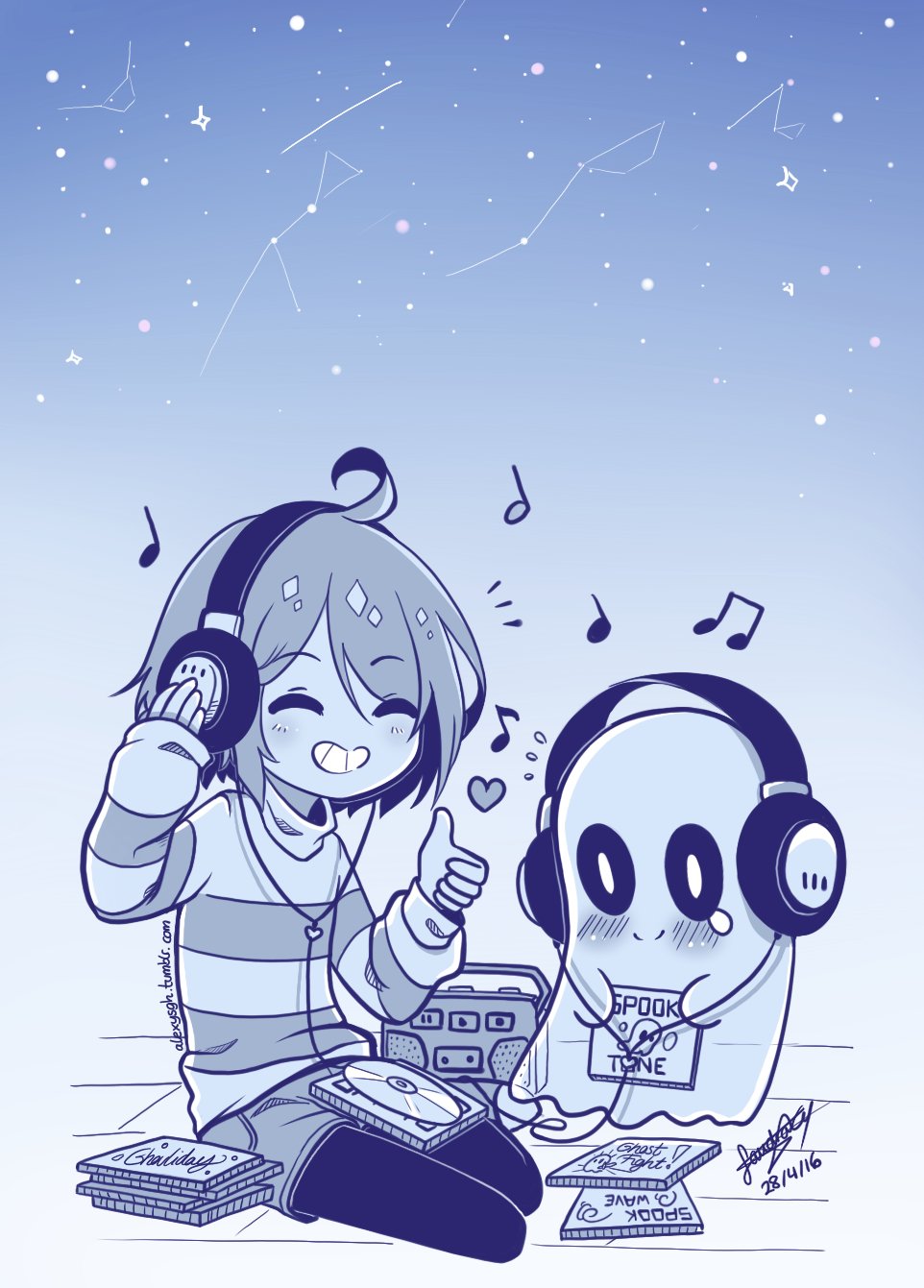 1girl, album_cover, bangs, black_pants, blue_background, blue_sky, blush, cd_case
