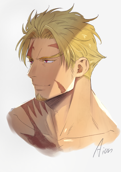 1boy, aion_kiu, bangs, beowulf_(fate), blonde_hair, cropped_shoulders, facial_hair, fate/grand_order