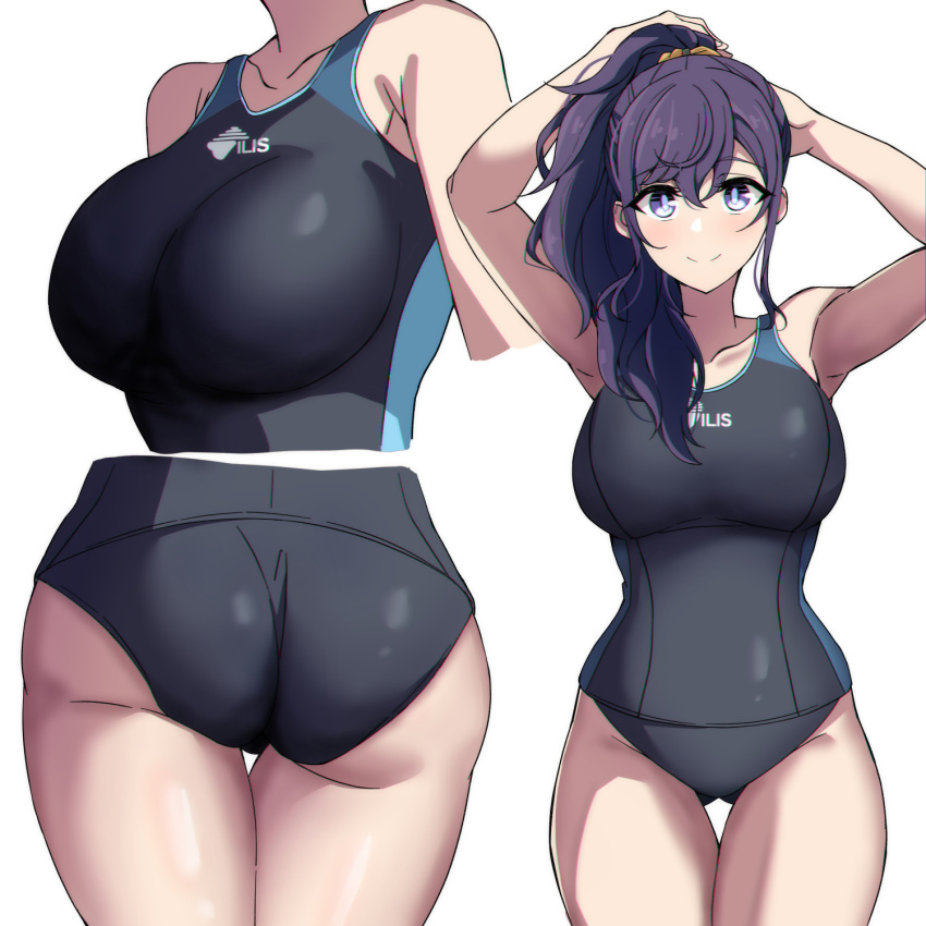 1girl, adjusting_hair, arimon_(dfrgty12), armpits, asahina_mafuyu, ass, bangs, black_swimsuit, breasts, closed_mouth, competition_swimsuit, hair_between_eyes, hair_ornament, highres, large_breasts, long_hair, looking_at_viewer, one-piece_swimsuit, ponytail, project_sekai, purple_hair, smile, solo, standing, swimsuit, thighs, violet_eyes