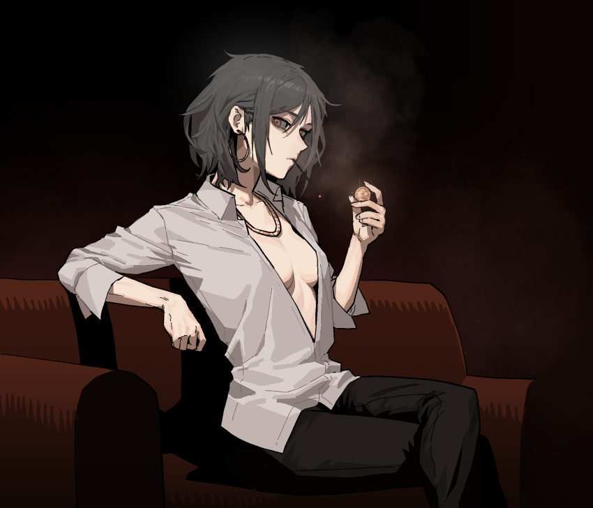 1girl, black_pants, breasts, cigarette, closed_mouth, coin, collared_shirt, couch