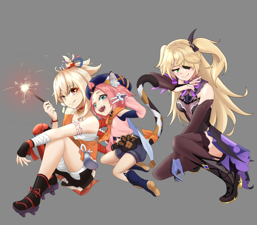 3girls, :d, absurdres, ass, bandaged_arm, bandaged_leg, bandages, bangs, bangs_pinned_back, black_footwear, black_shorts, cat_girl, cat_tail, choker, collarbone, commentary, detached_sleeves, diona_(genshin_impact), english_commentary, eyebrows_visible_through_hair, eyepatch, fischl_(genshin_impact), fishnet_fabric, forehead, genshin_impact, geta, green_eyes, grey_background, hair_between_eyes, hair_ornament, hat, highres, holding_sparkler, japanese_clothes, kneeling, leovic, light_brown_hair, long_hair, looking_at_viewer, multiple_girls, obi, open_mouth, orange_eyes, pink_hair, ponytail, pose, pouch, puffy_detached_sleeves, puffy_shorts, puffy_sleeves, rope, sarashi, sash, shimenawa, short_hair, shorts, sidelocks, simple_background, sitting, smile, tail, tattoo, thick_eyebrows, wide_sleeves, yoimiya_(genshin_impact)