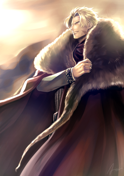 1boy, aion_kiu, alternate_costume, beowulf_(fate), blonde_hair, brown_theme, cape, coat
