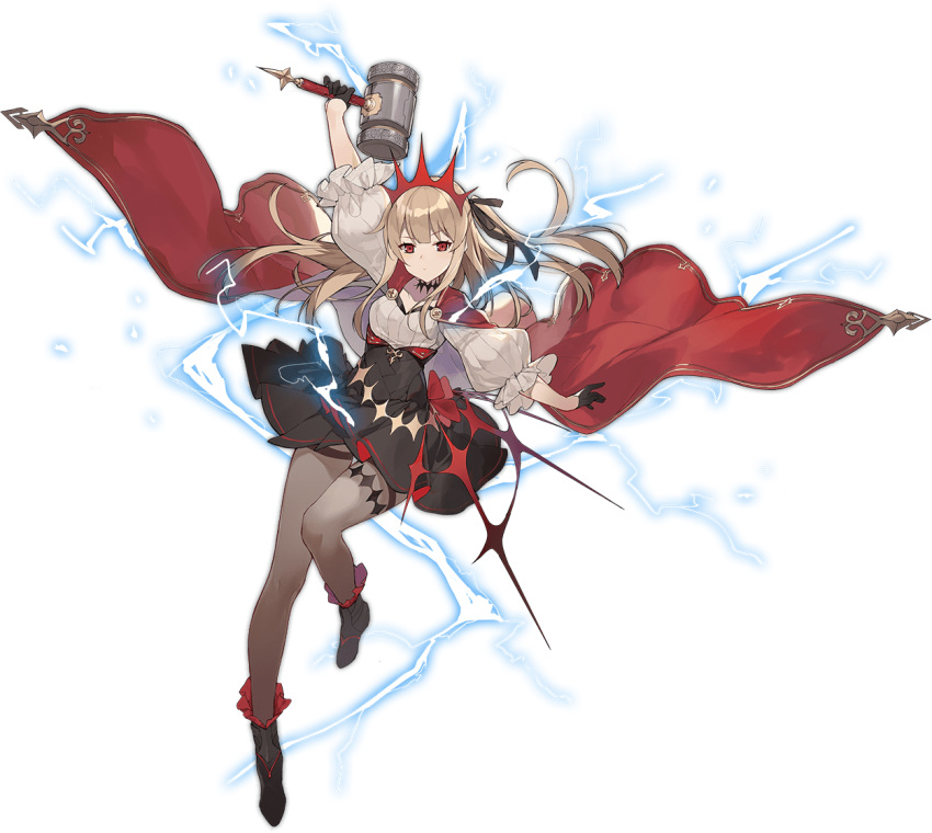 1girl, ark_order, black_footwear, black_gloves, black_legwear, black_ribbon, black_skirt, blonde_hair, boots, cape, crown, electricity, gloves, hair_ribbon, half_gloves, hammer, holding, holding_hammer, long_sleeves, mjolnir_(mythology), official_art, pantyhose, puffy_long_sleeves, puffy_sleeves, red_cape, red_eyes, ribbon, shi-chen, skirt, solo, tachi-e, thighband_pantyhose, thor_(ark_order), transparent_background, two_side_up, white_skirt