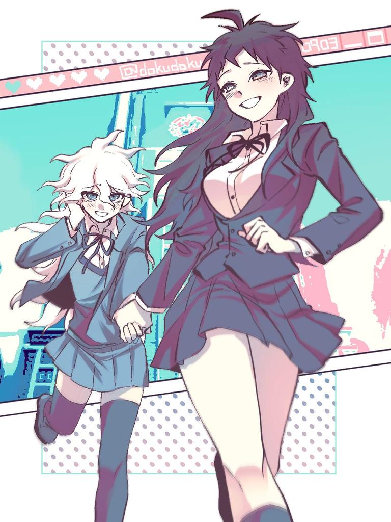 2girls, ahoge, bangs, black_ribbon, brown_eyes, brown_hair, brown_jacket, danganronpa_(series)