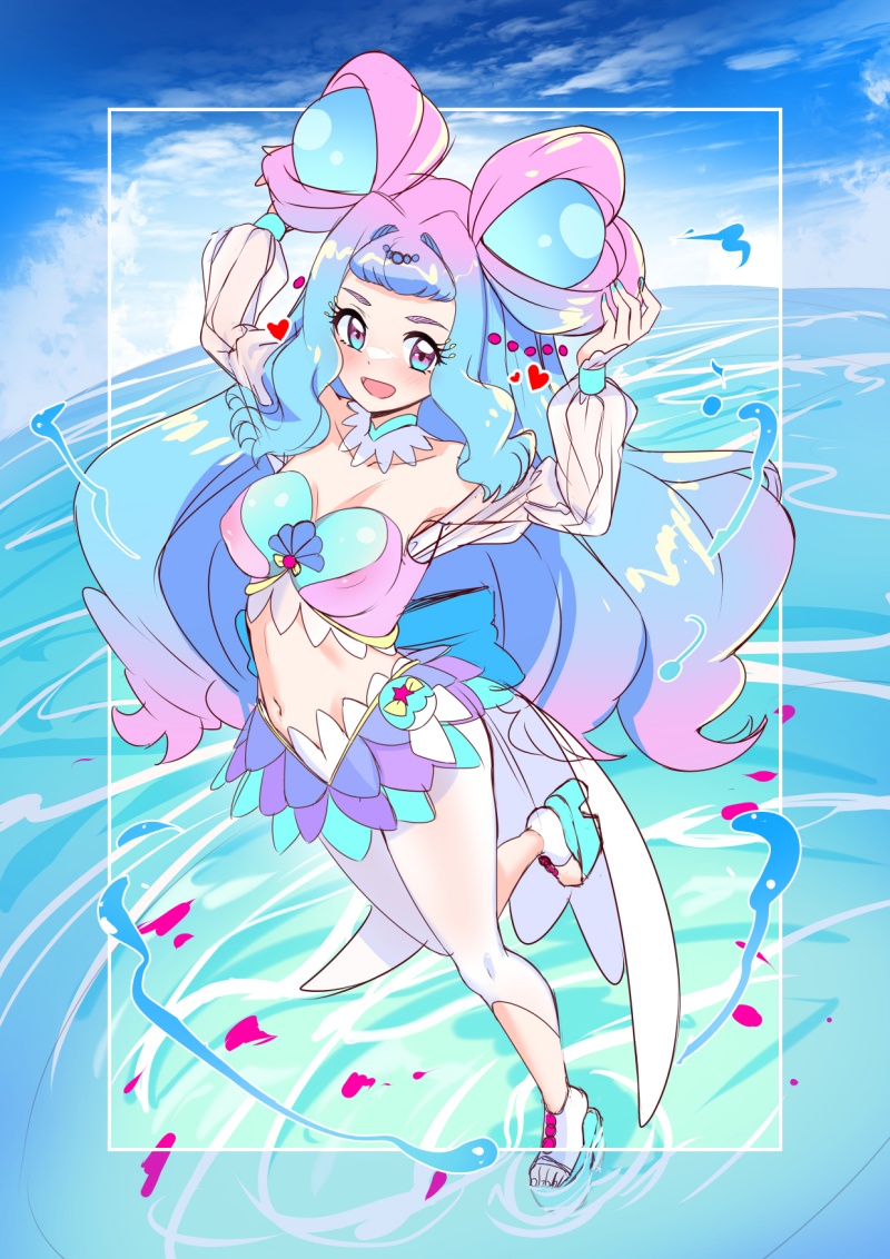 1girl, blue_eyes, blue_hair, blue_sky, clouds, cure_la_mer, day, full_body