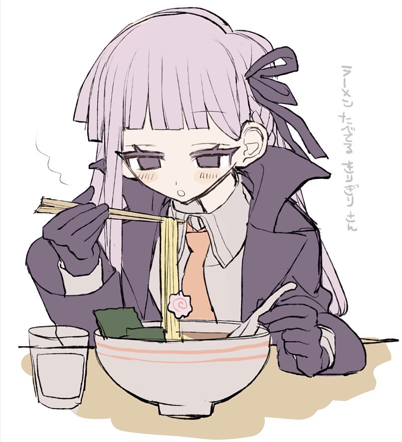 1girl, :o, bangs, black_ribbon, blunt_bangs, blush, braid, chopsticks