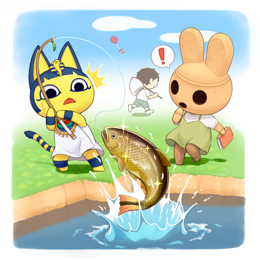 !, 1boy, 2girls, animal_crossing, animal_ears, ankha_(animal_crossing), balloon, bangs, black_eyes, black_hair, blue_sky, blunt_bangs, bob_cut, book, border, breasts, brown_dress, cat_ears, cat_girl, cat_tail, clouds, coco_(animal_crossing), colored_skin, dress, egyptian, egyptian_clothes, fish, furry, furry_female, gift, goldfish, grass, hair_ornament, haru_(haruhare3), holding, holding_book, multiple_girls, open_mouth, short_hair, short_sleeves, sky, snake_hair_ornament, spoken_exclamation_mark, standing, striped_tail, tail, villager_(animal_crossing), water, white_border, white_dress, yellow_skin