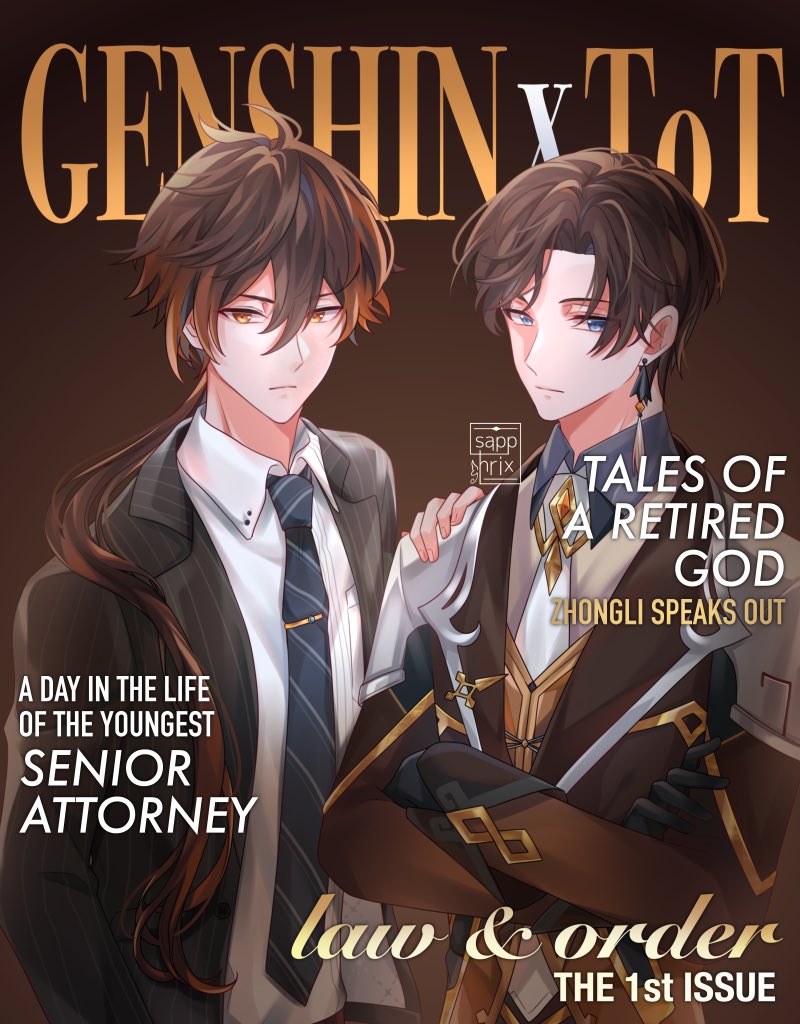 2boys, :|, artem_(tears_of_themis), artem_(tears_of_themis)_(cosplay), bangs, black_gloves, black_hair, blue_eyes, brown_background, brown_hair, character_name, closed_mouth, collared_shirt, cosplay, cover, crossed_arms, crossover, diamond-shaped_pupils, diamond_(shape), earrings, english_text, eyeliner, eyeshadow, formal, genshin_impact, gloves, gradient_hair, hair_between_eyes, hair_tie, hand_on_another's_shoulder, jacket, jewelry, long_hair, long_sleeves, looking_at_viewer, magazine_cover, makeup, multicolored_hair, multiple_boys, necktie, orange_hair, parted_bangs, ponytail, red_eyeshadow, sapphrixrain, shirt, sidelocks, signature, single_earring, suit, symbol-shaped_pupils, tassel, tassel_earrings, tears_of_themis, twitter_username, upper_body, vest, white_shirt, yellow_eyes, zhongli_(genshin_impact), zhongli_(genshin_impact)_(cosplay)