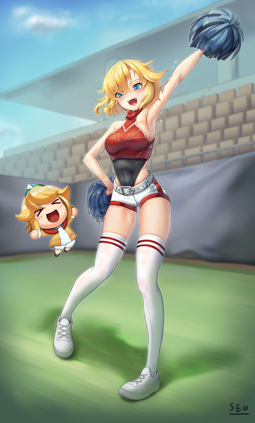 2girls, absurdres, armpits, arms_up, artist_name, asymmetrical_hair, blonde_hair, blue_eyes, breasts, cheerleader, full_body, future_princess, grass, grin, guardian_tales, hand_on_hip, highres, little_princess_(guardian_tales), looking_at_viewer, multiple_girls, pom_pom_(cheerleading), seo_(tqhgud016), short_hair, sleeveless, smile, sweat, thigh-highs, white_footwear, white_legwear