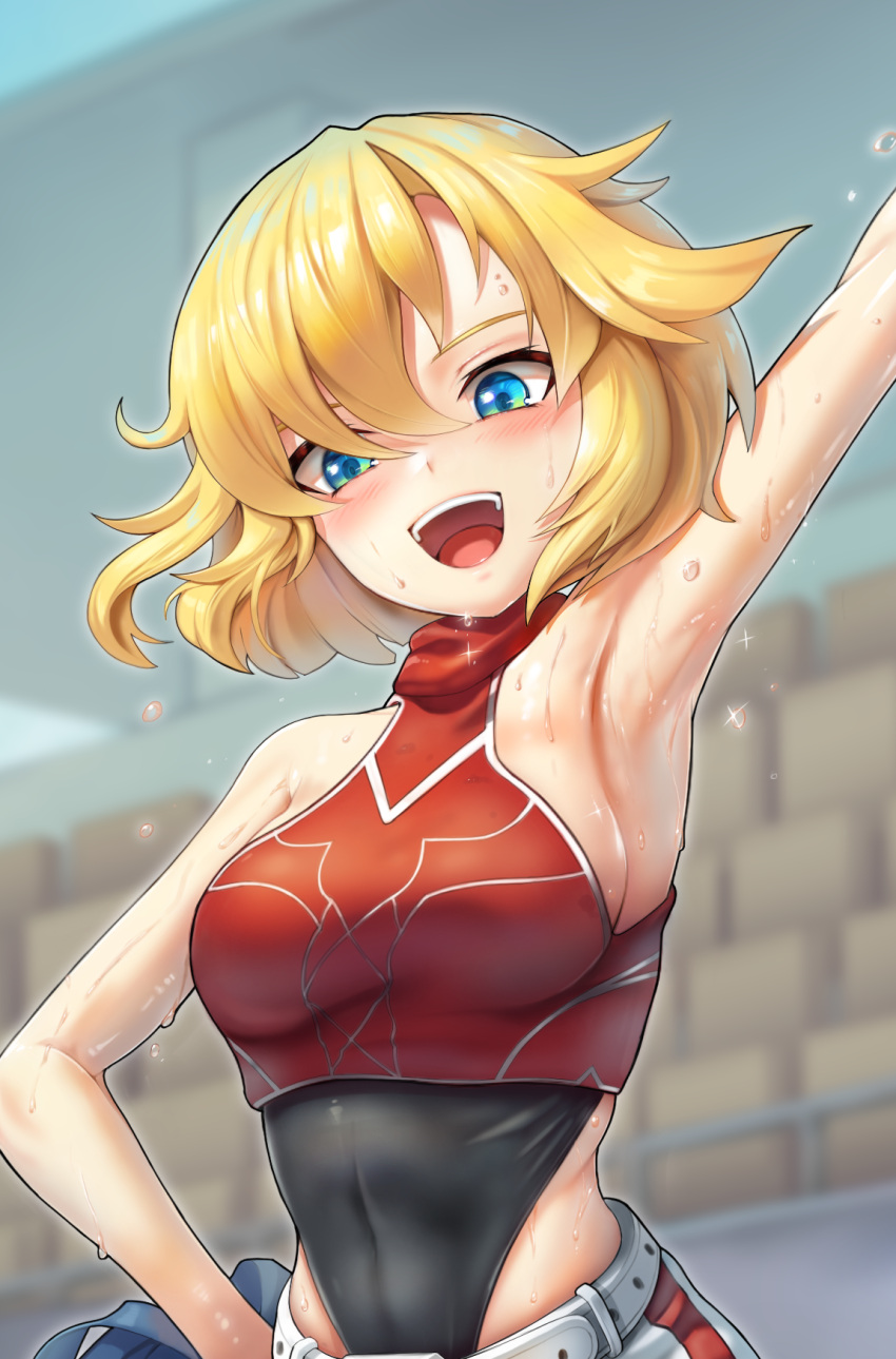 1girl, armpits, arms_up, asymmetrical_hair, blonde_hair, blue_eyes, blush, breasts