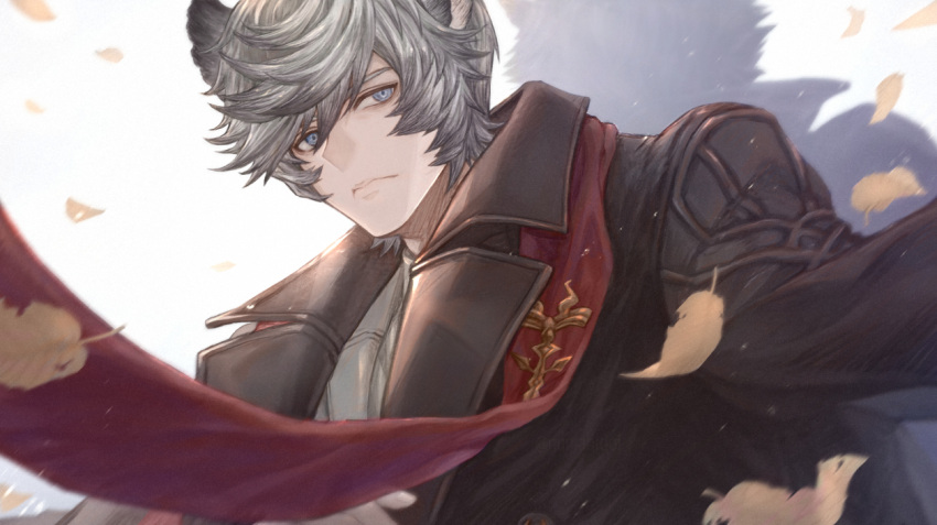 1boy, animal_ears, autumn_leaves, bangs, blue_eyes, brown_coat, cat_ears, closed_mouth