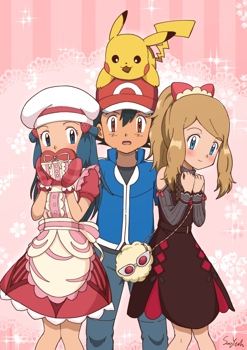 1boy, 2girls, apron, ash_ketchum, baseball_cap, black_hair, blonde_hair, blue_eyes