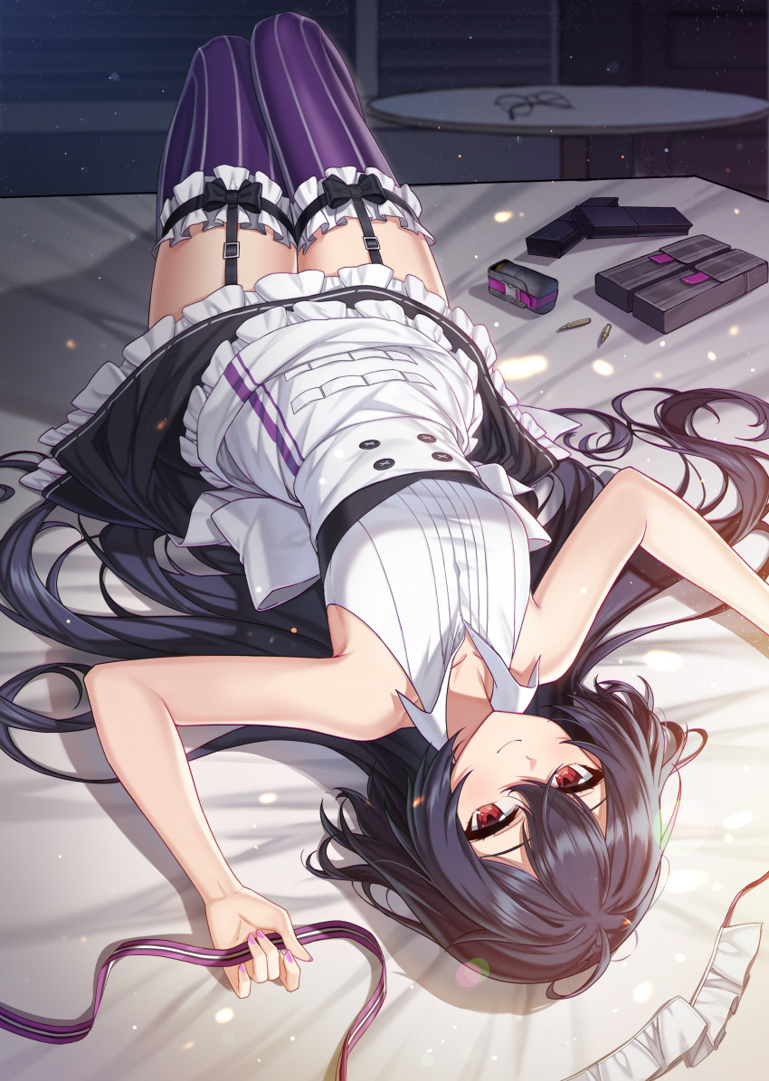 1girl, 2qba, absurdres, apron, armpits, arms_up, bare_arms, bare_shoulders