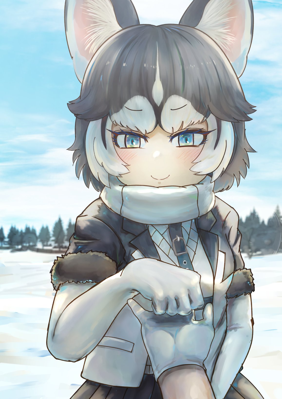 1girl, animal_ears, black_hair, black_jacket, black_skirt, blue_eyes, blush, disembodied_limb