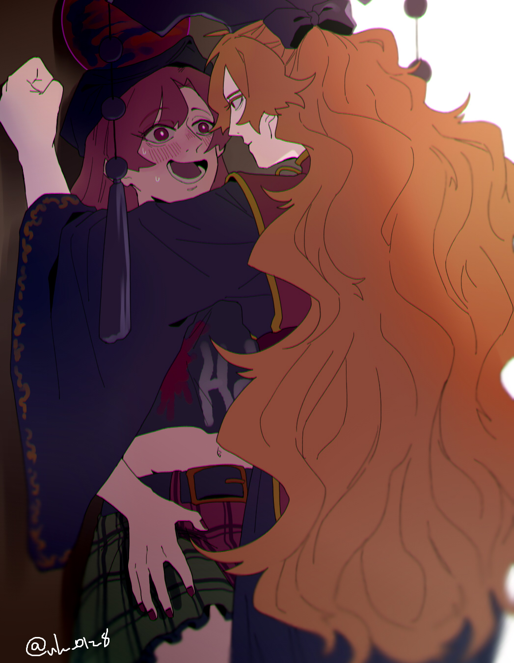 2girls, bangs, belt, black_shirt, blush, chinese_clothes, choker, commentary_request