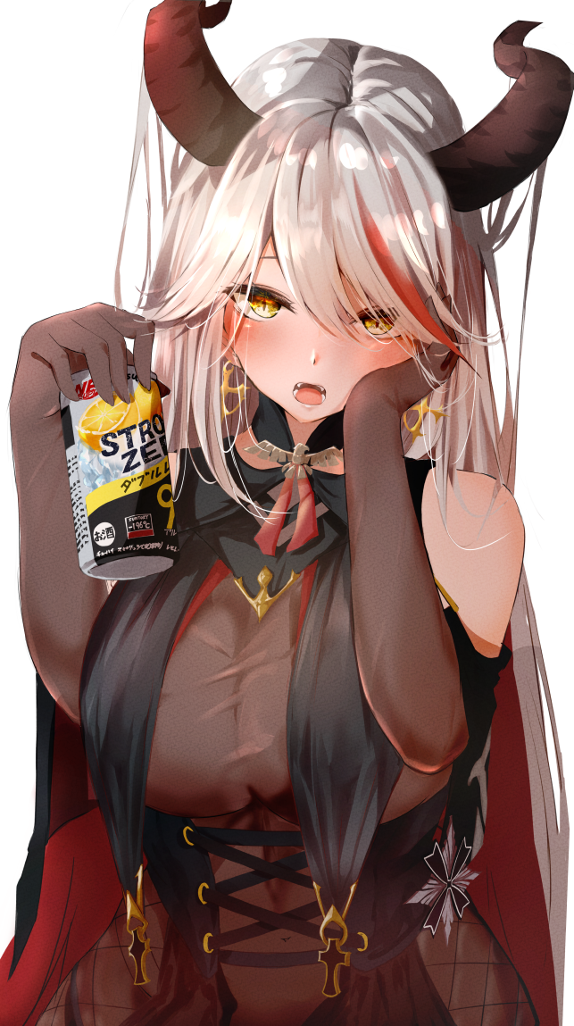 1girl, aegir_(azur_lane), azur_lane, breasts, brown_gloves, can, gloves, holding, holding_can, horns, large_breasts, looking_at_viewer, multicolored_hair, open_mouth, raru_(nanaharararu), redhead, simple_background, solo, streaked_hair, strong_zero, teeth, white_background, yellow_eyes