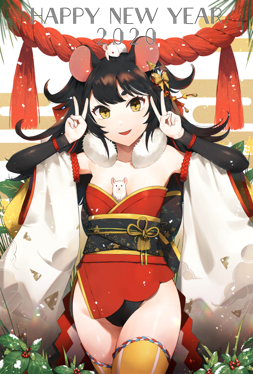 1girl, 2020, :<, absurdres, animal, animal_ears, animal_in_clothes, animal_on_head, back_bow, bangs, bare_shoulders, black_eyes, black_hair, black_panties, black_sleeves, blank_eyes, bow, breasts, cheese_earrings, commentary_request, cowboy_shot, detached_sleeves, double_v, earrings, egasumi, english_text, grass, groin, hair_bow, hair_flaps, hands_up, happy, happy_new_year, highres, holly, huge_filesize, japanese_clothes, jewelry, kimono, layered_sleeves, long_hair, looking_at_viewer, mouse, mouse_ears, mouse_girl, multicolored_hair, new_year, obi, on_head, open_mouth, original, panties, red_eyes, red_kimono, rope, sash, shibainu, shide, shimenawa, short_kimono, sidelocks, sleeveless, sleeveless_kimono, small_breasts, smile, snow, snowing, solo, standing, strapless, streaked_hair, striped, striped_legwear, swept_bangs, thigh-highs, two-tone_hair, underwear, v, white_hair, white_sleeves, wide_sleeves, yellow_bow, yellow_eyes, yellow_legwear