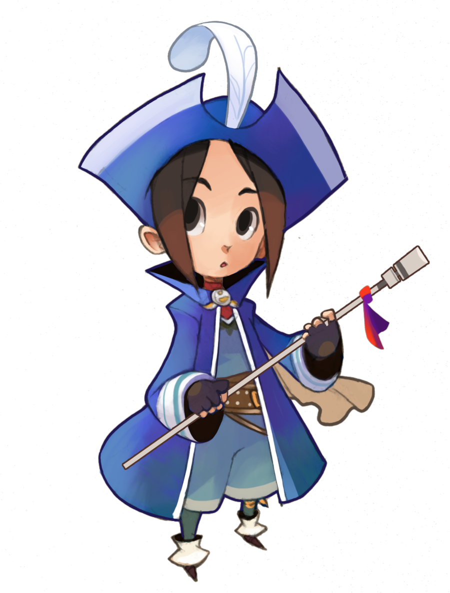 blue_mage, brown_eyes, brown_hair, chibi, endling_(artist), feathers, final_fantasy, final_fantasy_tactics_a2, final_fantasy_tactics_advance, gloves, hat, male, shaun_healey, solo, weapon
