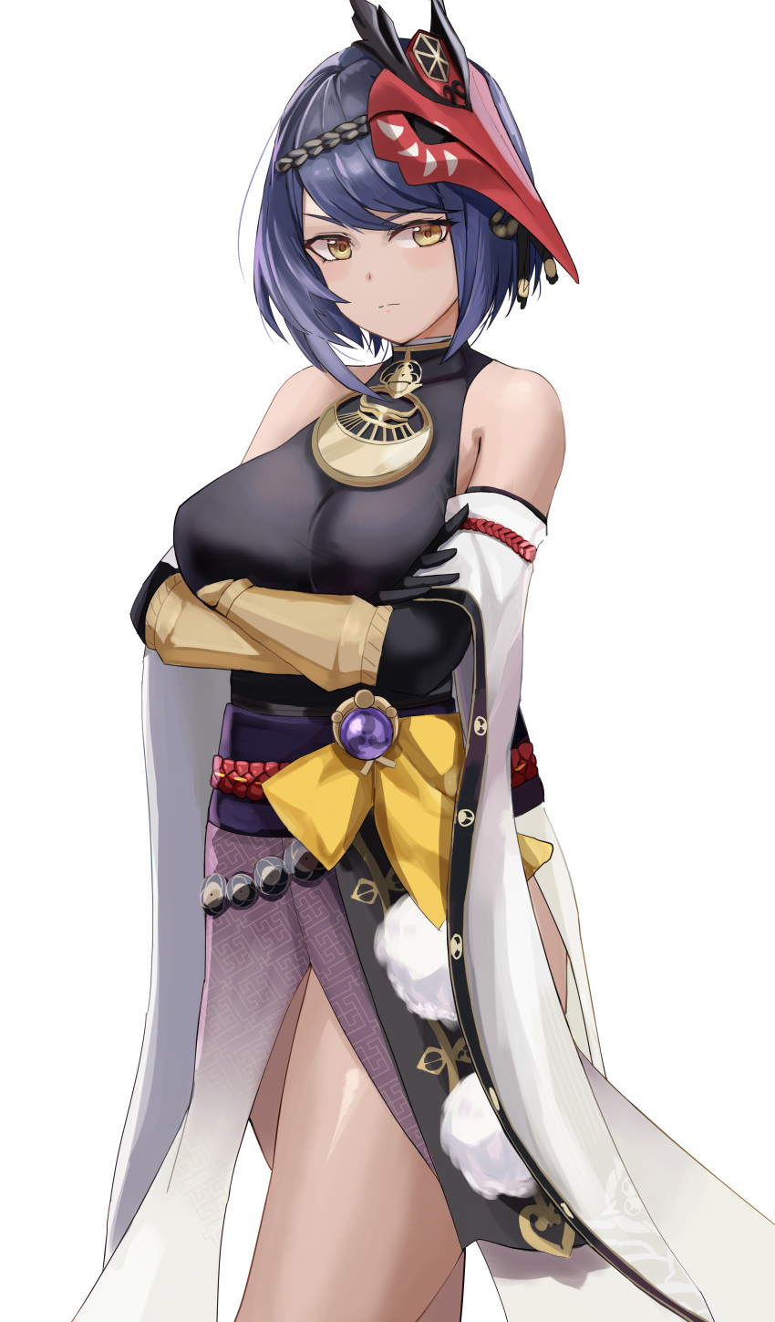 1girl, absurdres, bare_shoulders, black_gloves, blonde_hair, blush, breasts, crossed_arms, genshin_impact, gloves, highres, kujou_sara, mask, mask_on_head, short_hair, simple_background, tengu_mask, vambraces, white_background, yellow_eyes, yellow_takano