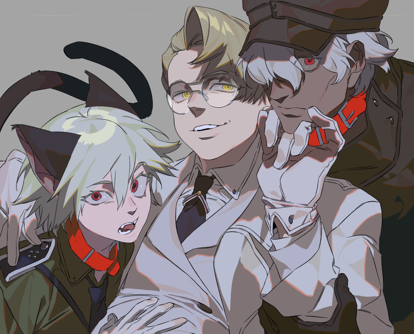 3boys, absurdres, animal_ears, blonde_hair, captain_(hellsing), cat_ears, collar, glasses