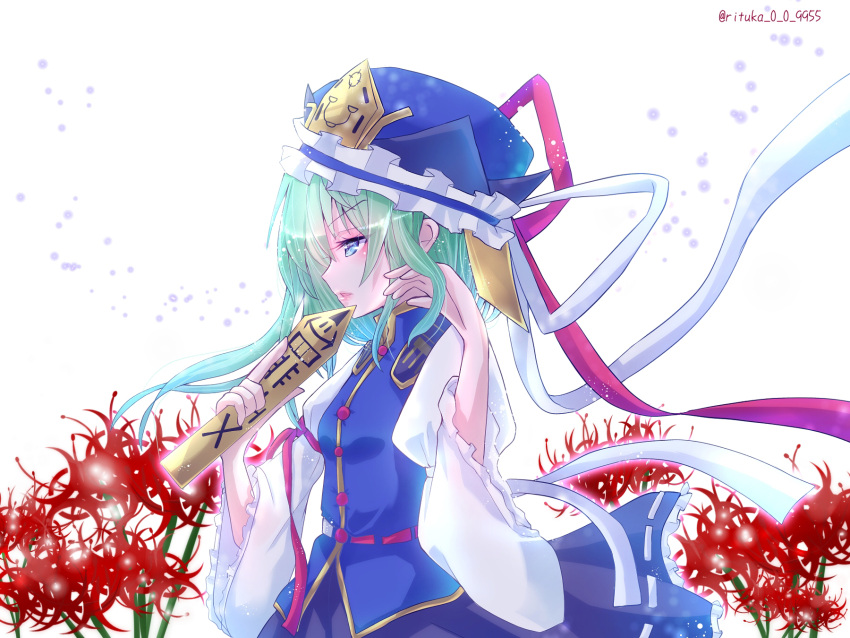 1girl, asymmetrical_hair, bangs, black_skirt, blouse, blue_eyes, blue_vest, breasts, buttons, commentary_request, cowboy_shot, eyebrows_visible_through_hair, flower, frilled_hat, frills, green_hair, hair_between_eyes, hand_in_hair, hat, highres, long_hair, long_sleeves, open_mouth, profile, red_flower, ritsuka_(rituka), rod_of_remorse, shiki_eiki, skirt, small_breasts, solo, spider_lily, touhou, vest, white_background, white_blouse, wide_sleeves