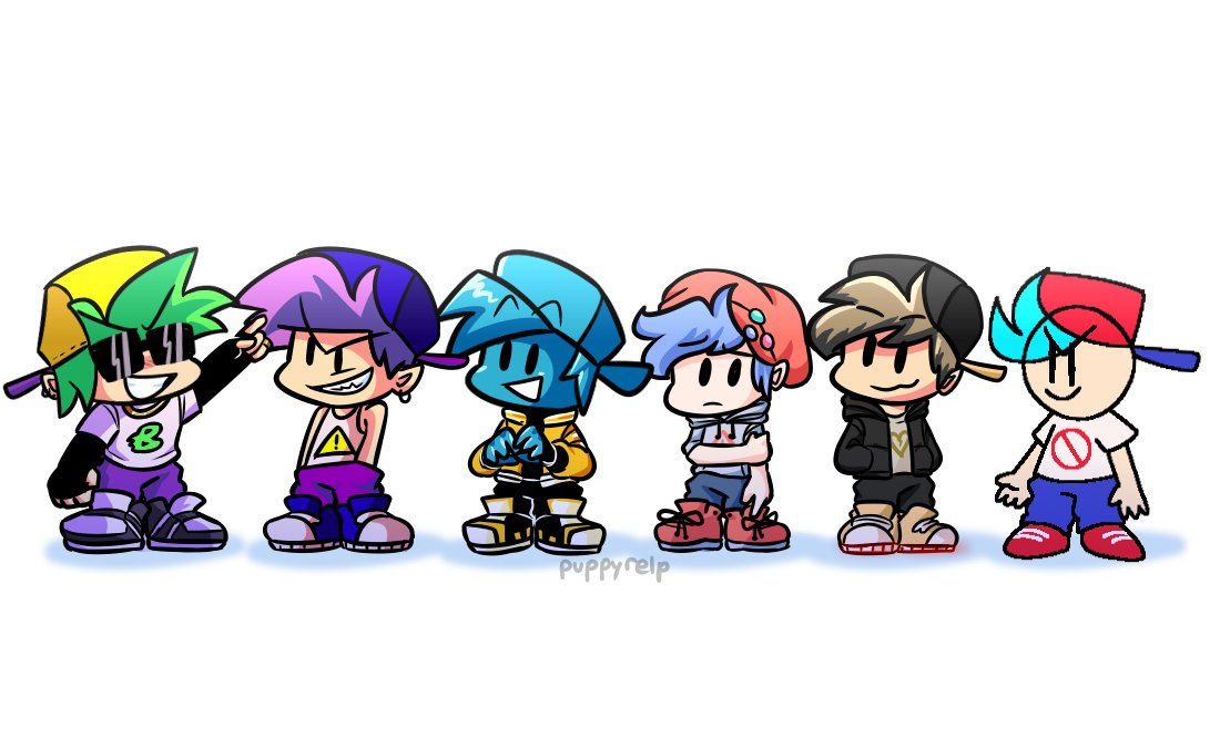 6+boys, alternate_universe, black_eyes, black_hair, black_hat, blue_hair, blue_hat, blue_skin