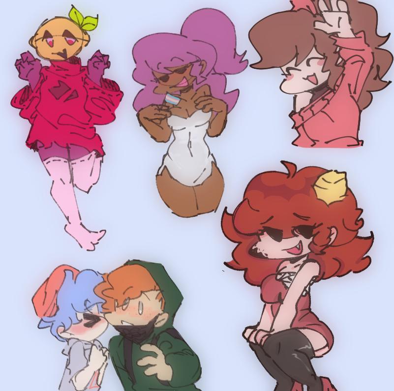 2boys, 4girls, alternate_universe, black_legwear, blue_background, blue_hair, blush, boyfriend_(friday_night_funkin'), breasts, brown_hair, cheek_kiss, cleavage, dress, flag, friday_night_funkin', friday_night_funkin'_b3_remixed, friday_night_funkin'_firestorm, friday_night_funkin'_soft, genderswap_(mtf), girlfriend_(friday_night_funkin'), hair_bow, hair_ornament, happy, hat, holding_flag, hood_up, hoodie, kiss, lemon, lemon_demon_(friday_night_funkin'), lgbt_pride, multiple_persona, object_head, open_mouth, orange_hair, piquit0quemado, ponytail, pride_flag, purple_hair, queer, simple_background, sitting, spanish_commentary, standing, sweater_dress, thighhighs, trans, transgender_flag, waving, white_dress, white_legwear, yaoi