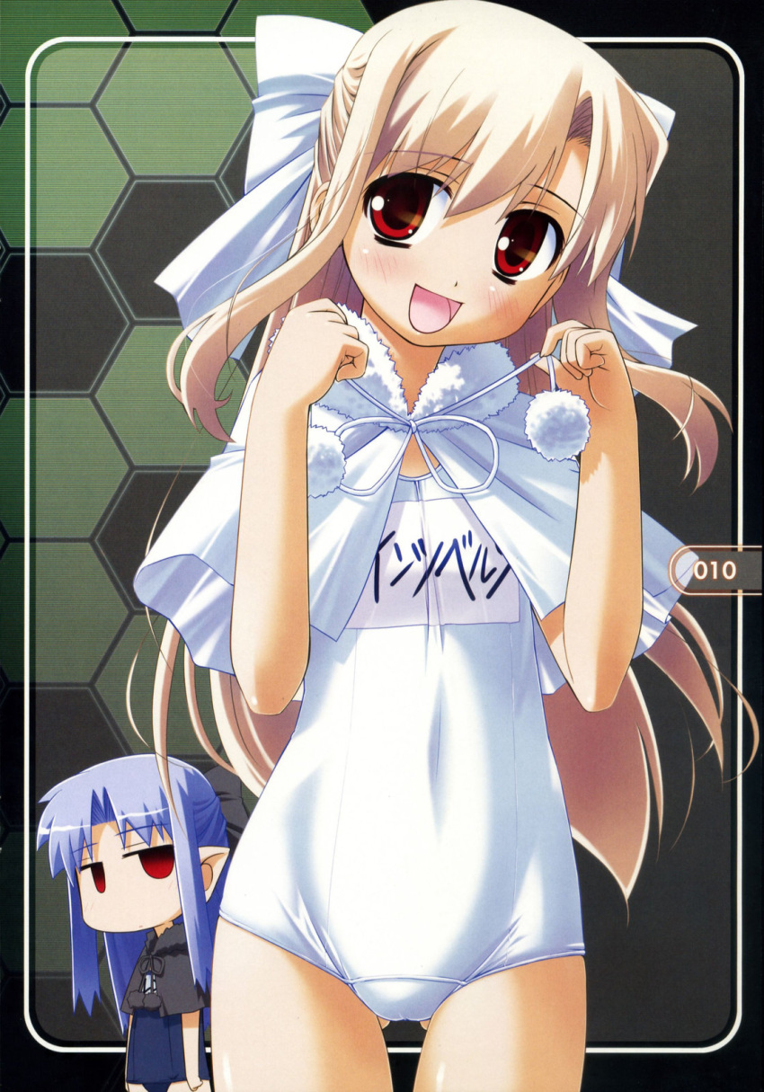 bakutendou, blonde_hair, blue_hair, blush, bow, cape, cosplay, elf, fate/stay_night, fate_(series), flat_chest, highres, honeycomb_background, illyasviel_von_einzbern, len, loli, long_hair, melty_blood, multiple_girls, name_tag, one-piece_swimsuit, pointy_ears, red_eyes, ren, school_swimsuit, swimsuit, tsukihime, type-moon, type_moon